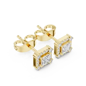 Princess Cut Synthetic <b>Diamond</b> <b>Square</b> Halo Stud <b>Earrings</b> 18K Solid Gold Fine Jewelry Women Round Pave Side Accent - Product Image 2