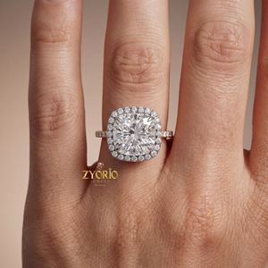 <b>Cushion</b> Cut Lab Grown Diamond Halo Engagement Ring with Pave Diamond Band Silver Wedding Party Trendy - Product Image 5