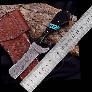 Cuchillo de Bolsillo de Acero de Damasco Hecho a Mano Personalizado, con Mango de Cuerno de Toro, para Caza, con Funda de Cuero, OEM, Envío Directo - Product Image 6