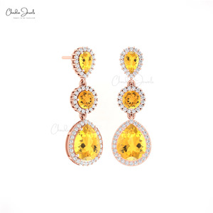 Top Quality 6.14 CTW Pear Cut Citrine & Diamond Engagement & Wedding <b>Earrings</b> 14k Solid Gold Halo Dangle Design Wholesale Price - Product Image 3