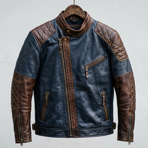 Chaqueta de Motociclista de Cuero Genuino para Hombre, Cuello Alto, Cierre de Cremallera, Corte Ajustado, para Otoño, Marrón y Azul, con Hombros Acolchados - Product Image 3