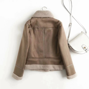 Women's Autumn Winter Moto <b>Jacket</b> Breathable Faux Fur Leather Coat with Warm Lapel <b>Suede</b> Streetwear-Bonded Processing - Product Image 2
