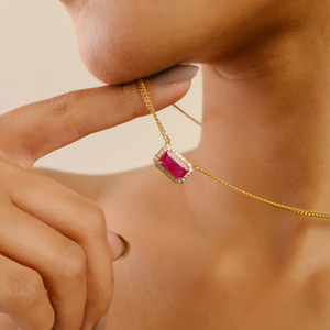 Hermoso Diseño, Collar con Colgante Halo y Cadena de Eslabones para Mujer, con Rubí y Diamantes en Oro Amarillo Real de 14K, Piedra de Nacimiento de Julio, Joyería al por Mayor - Product Image 4