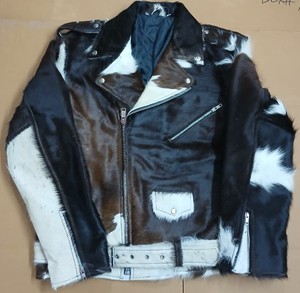 Cowhide Patchwork Faux Fur Moto Biker Jacket With Zipper Closure Stand Collar Winter Outerwear - Product Image 1