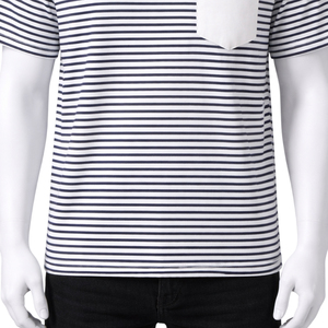 Camiseta a rayas para hombre con logotipo personalizado, bolsillo en contraste, 100% algodón, informal, de manga corta. - Product Image 5