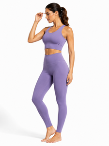 Purple <b>Plus</b> <b>Size</b> 2-Piece Yoga Set Racerback <b>Crop</b> Top High-Waist Full-Length <b>Leggings</b> Seamless Four-Way Stretch Solid Color Front - Product Image 1