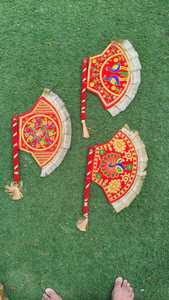 Red Velvet Pakhi Hand Fan, Punjabi Wedding Decor, Embroidered Pankhi Fan, Indian Wedding Fan, Mehndi Dholki Decor, Jaggo Favor - Product Image 1