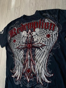 Premium Quality Graphic <b>T</b> <b>Shirt</b> Wings Skull Print Heavyweight Black Tee OEM ODM High Street <b>Gothic</b> Wings Cross Sleeve Print Tees - Product Image 6