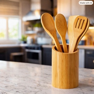 Juego de Porta Cubiertos de Madera Natural con Cucharas y Espátulas para Mesa de Cocina, Uso Doméstico, Duradero, Sin Acabado, Calidad para el Hogar - Product Image 2