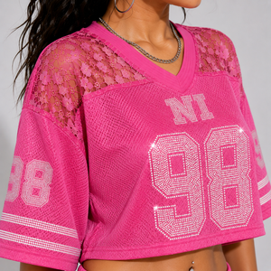 Luxury Women Cropped Football Jersey With <b>Rhinestone</b> Letters <b>Mesh</b> Varsity Streetwear Drop Shoulder Shirt - Product Image 1