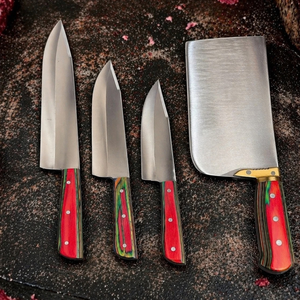 Collection de couteaux de boucher Qurbani, manches en bois rouge et vert, lames de coupe argentées, grand couteau à viande et trois couteaux à trancher - Product Image 1