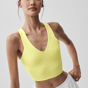 Women's <b>Yellow</b> V-Neck Sleeveless Short Fleece <b>Tank</b> <b>Top</b> Solid Knitted Sporty Activewear Breathable Fitness Crop <b>Top</b> - Product Image 1