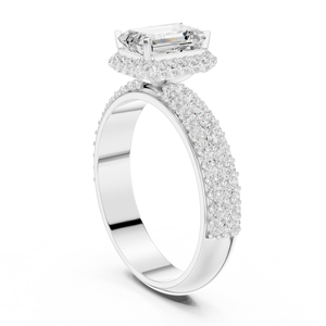 Sterling <b>Silver</b> Triple Row Pave Halo <b>Emerald</b> Moissanite Engagement <b>Ring</b> | Statement Wedding <b>Ring</b> - Product Image 3