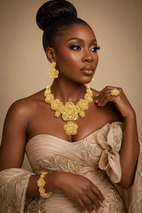 Luxury Flower Design African Jewelry Set 24K Gold Plated Nigerian Bridal <b>Necklace</b> with Earrings & <b>Ring</b> Fashion <b>Necklace</b> - Product Image 4