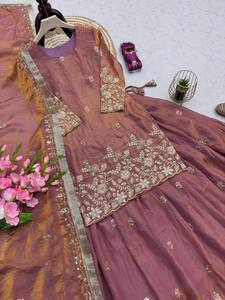 Premium Mauve Tissue <b>Silk</b> <b>Kurta</b> Lehenga Set Heavy Zari Embroidered Short Kurti with Flared Skirt Indian Pakistani Wedding Wear - Product Image 6