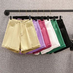 กางเกงยีนส์ขาสั้นเอวสูงสำหรับผู้หญิง, กางเกงยีนส์ขาสั้นทรงหลวมสีพื้นมีขอบถักย้อมสีล้วนสำหรับ2025 - Product Image 4