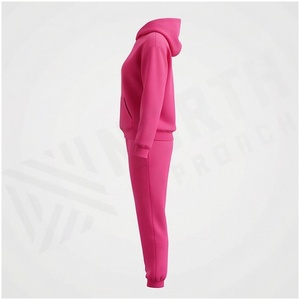 Women <b>Pink</b> Hooded <b>Tracksuit</b> 2-Piece Fleece Sweatshirt Pants Set Casual Solid Color Full Sleeve Autumn Wear - Product Image 3