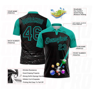 Camiseta Deportiva Premium Personalizada con Logotipo, Nombre del Equipo, Bordado, Sublimación Digital, Color Negro Aqua, para Billar - Product Image 4
