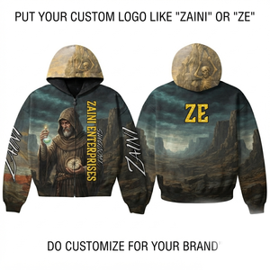 350gsm Premium Polyester/Cotton Woven Full Zip Hoodie with Dark Fantasy Print and Custom Front Embroidery Logo Design - Product Image 1