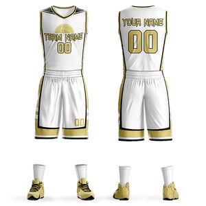 Conjunto de Uniforme de Baloncesto Sublimado Personalizado, Blanco y Dorado, Nombre del Equipo, Número, Cuello en V, Sin Mangas, Malla Transpirable, Unisex para Adultos - Product Image 1