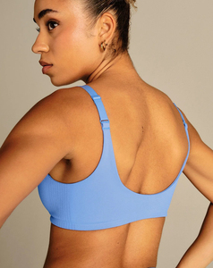 High Street Women's <b>Blue</b> Seamless Deep V-Neck Twist Sports <b>Bra</b> Crisscross Straps Medium Support Fitness Breathable Solid Pattern - Product Image 2