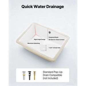 Lavabo Rettangolare Sottopiano in Ceramica Bianca 15.75 X 12.01 Pollici con Foro di Troppopieno, Montaggio a Incasso 15.75 X 12.01 Pollici - Product Image 5