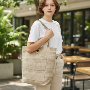 Bolsa de Mano de Cáñamo del Himalaya, Natural, Orgánica, Premium, Ecológica, Resistente, con Forro de Algodón, Botón de Coco y Bolsillo Interior, para la Playa - Product Image 6
