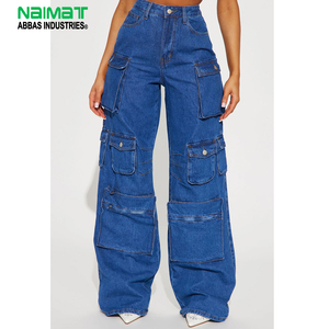 Jean cargo taille haute pour femme, coupe ample, jambe large, bleu foncé, délavage vintage, en coton, style utilitaire - Product Image 1