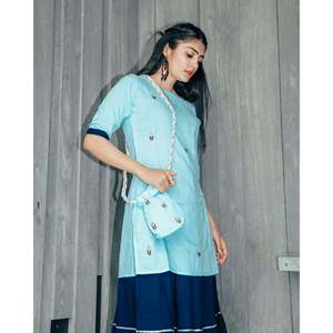 Robe-jupe pour femme en rayonne et mousseline, brodée à la main, taille naturelle, confortable, bleu aquatique, avec Potli, taille XS - Product Image 5