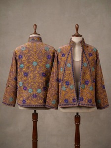 Brown Floral Embroidered Mandarin Collar <b>Blazer</b> Full Sleeve Suzani <b>Velvet</b> Cotton Lining Windproof Thick Women's Winter Jacket - Product Image 6