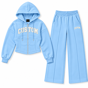 Ensemble de survêtement décontracté deux pièces pour femme, en molleton épais, comprenant un sweat à capuche zippé bleu personnalisé style corset et un pantalon de jogging à jambes larges, OEM - Product Image 3
