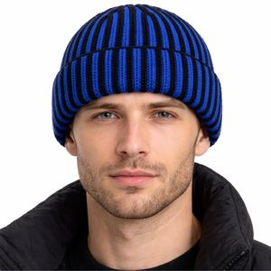 Gorro de punto a rayas de dos tonos para hombre, gorro de invierno con puño, ligero, transpirable, estilo urbano, unisex. - Product Image 3