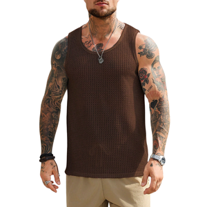 Camiseta sin mangas de punto abierto 100% algodón para hombre, cuello redondo, transpirable, de secado rápido, informal, para verano, gimnasio, playa, vacaciones, moda - Product Image 1