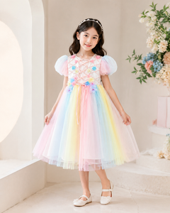 Robe en tulle princesse arc-en-ciel pastel pour filles avec embellissements floraux |   Robe de soirée chic - Product Image 4