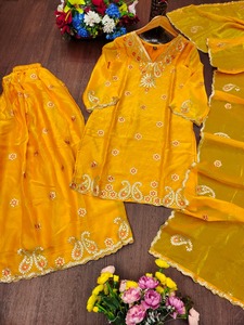 Women Yellow Embroidered Silk <b>Kurta</b> with Sequin Floral Work Dupatta Traditional <b>Indian</b> Pakistani Ethnic Party Wear - Product Image 2