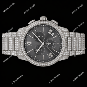 Montre Chronographe Diamant Argenté de Luxe pour Homme, Cadran Gris, Bracelet Sertie de Diamants, Bijou de Mode Premium, Accessoire Cadeau - Product Image 3