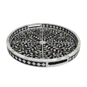 Handcrafted Round Mother Of Pearl Inlay Serving Tray <b>Black</b> And White Floral Pattern Decorative Coffee Table Tray For Home Decor - Product Image 5