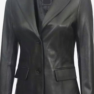 Chaqueta Blazer de Cuero Negro de Dos Botones para Mujer - Cuero de Cordero Auténtico, Corte Entallado, Estilo Casual de Negocios, Ropa de Oficina para Damas - Product Image 5
