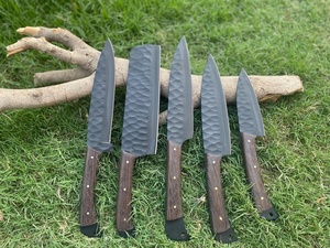 Rustic Hammered Blade Carbon Steel Kitchen <b>Knife</b> <b>Set</b> 5 Pieces Wood Pinned Handle Traditional Japanese Chef <b>Knife</b> High-Polish - Product Image 1