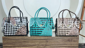 Bolso de mano de estilo occidental para mujer, bolso cruzado de cuero mecanizado a mano, diseño de tablero de ajedrez, bolsos de hombro con asa trenzada - Product Image 4