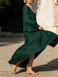 Women Loose Fit Green <b>Boho</b> Maxi <b>Dress</b> <b>Long</b> Sleeve Round Neck Cotton Linen Plain Elegant Summer <b>Dress</b> - Product Image 4
