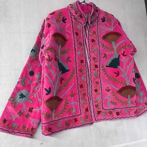 Pink Velvet Embroidered Mandarin Collar <b>Boho</b> Jacket Long Sleeve Floral Print Loose Fit Winter Wear <b>Summer</b> Casual <b>Dress</b> - Product Image 6