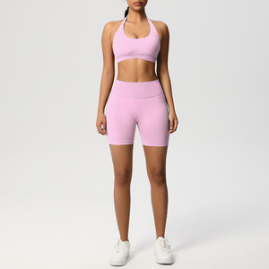 Ensemble soutien-gorge de sport dos nu côtelé sans couture pour femme, soutien moyen, respirant, séchage rapide, couleur unie, avec short taille haute pour yoga et fitness - Product Image 3