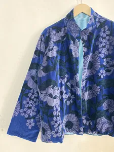 <b>Women</b> Blue Floral Velvet <b>Jacket</b> Boho Printed Short Coat Vintage Style <b>Lightweight</b> Ethnic Outerwear - Product Image 3
