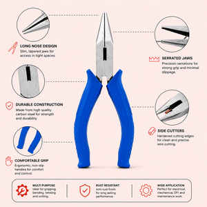 Pince à bec long, pince à bec fin avec mâchoires dentelées de précision et poignée bleue confortable pour réparation électrique, bricolage et atelier - Product Image 4