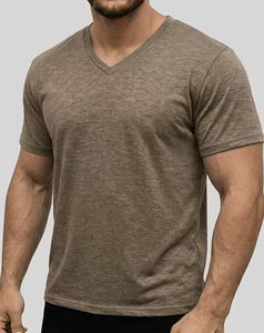Men's Short Sleeve V Neck Solid Gray 100% Cotton Casual T-Shirt Regular Fit Breathable 180g Jersey Knitted Plain Dyed - Product Image 1
