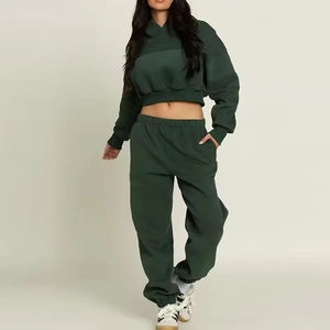 Women's Dark Green Cropped Hoodie Jogger Pants 2 Piece Eco-friendly Breathable 100% Cotton Tracksuit Set Casual Fleece <b>Sweat</b> - Product Image 4