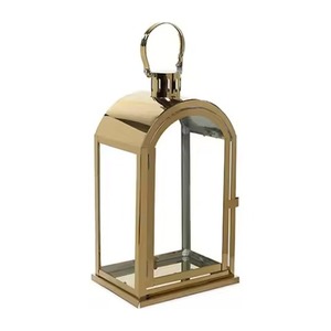 Lanterne moderne en acier inoxydable doré brillant avec support de bougie en verre transparent, idéale pour la maison, l'hôtel, l'éclairage de mariage, la décoration de table - Product Image 1