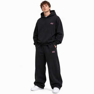 Conjuntos de sudaderas con capucha de lujo estilo streetwear con estampado gráfico personalizado en la espalda, corte holgado y extragrande, de tela de algodón de alto gramaje, y pantalones de chándal a juego de pierna ancha. - Product Image 2