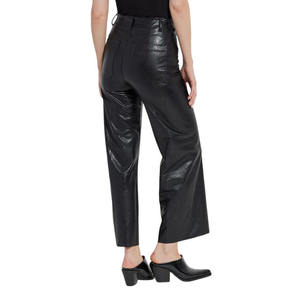 Pantalon large noir en similicuir PU taille haute, longueur cheville, devant plat, décontracté pour femme - Product Image 3